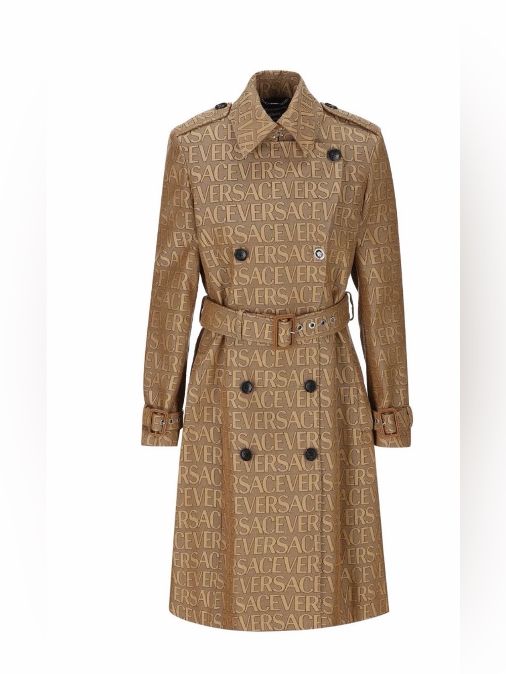 Versace Logo-Print Trench Coat in Camel Brown